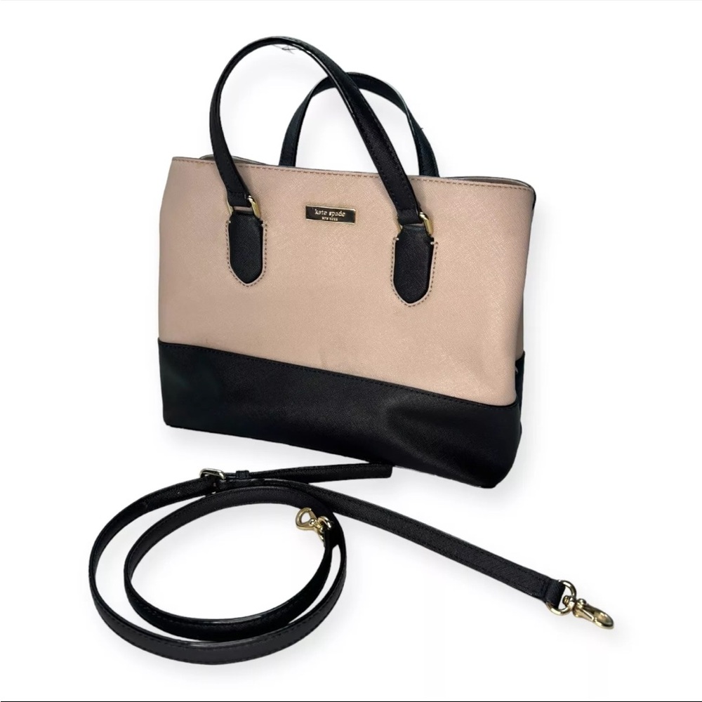 Kate Spade tan & black Evangelie leather 3 compartment crossbody satchel purse